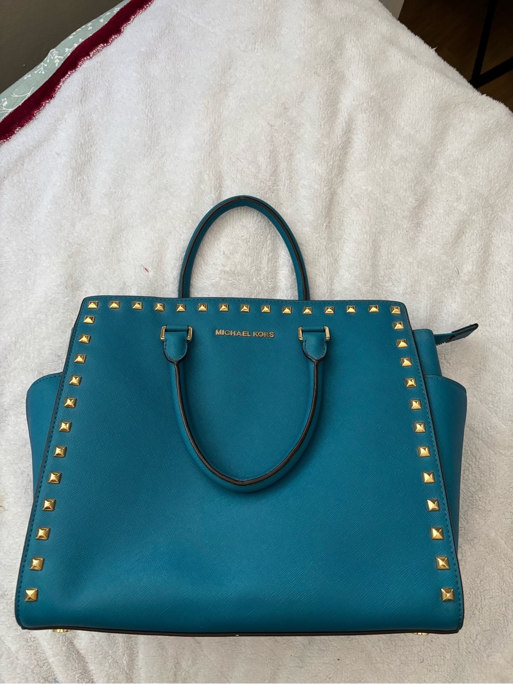 Michael Kors Teal Pyramid Stud Saffiano Tote